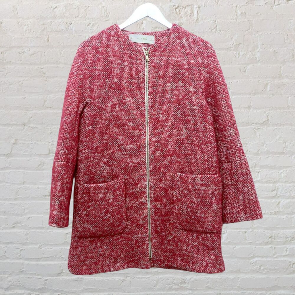 Zara Basic Raspberry Pink Boucle Tweed Collarless Zip Coat S